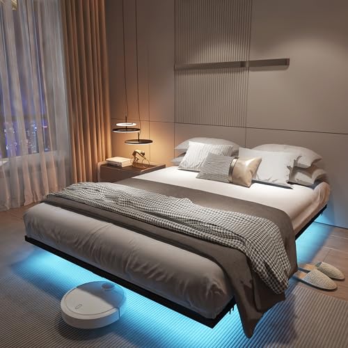 Muluflower Floating Bed Frame California King Size with Charging Station and LED Lights, Metal Platform Bed Frame, No Box Spring Needed, Easy Assembly, (California King) Muluflower