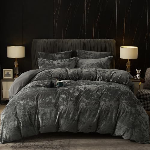 PHF Truly Velvet Duvet Cover Set King Size, 3pcs Ultra Soft Breathable Comforter Cover Set, Luxury Cozy Flannel Duvet Cover with Pillow Shams Bedding Collection, 104" x 90", Dark Gery PHF