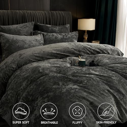 PHF Truly Velvet Duvet Cover Set King Size, 3pcs Ultra Soft Breathable Comforter Cover Set, Luxury Cozy Flannel Duvet Cover with Pillow Shams Bedding Collection, 104" x 90", Dark Gery PHF