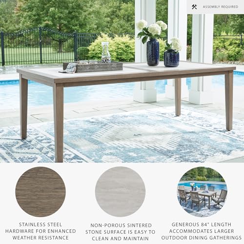 Signature Design by Ashley Rainier Ranch Contemporary Sintered Stone Tabletop Outdoor Dining Table with 4 Legs, Light Brown & Beige Signature Design by Ashley