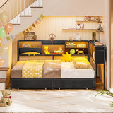 Hasuit Corner Bed Frame Full with 2 Drawers and Storage Bookcase, Daybed with Charging Station and LED Lights, Metal Platform Bed with Bookshleves, Full Size Bed Frame for Kids Teens Guests, Black Hasuit