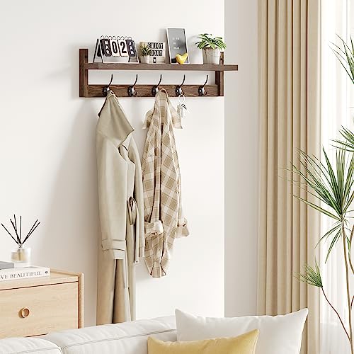 AMBIRD Wall Hooks with Shelf 28.9 Inch Length Entryway Wall Hanging Shelf Wood Coat Hooks for Wall with Shelf Wall-Mounted Coat Hook Rack with 5 Dual Hooks for Bathroom, Living Room, Bedroom  - WoodArtSupply