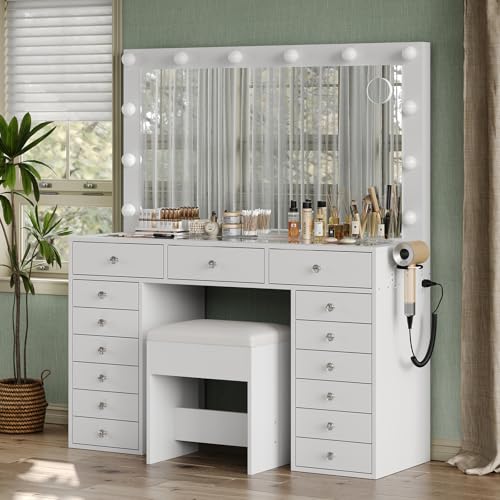 FUSOU 15 Drawers Vanity with Mirror and 12 LED Lights, Makeup Vanity with Charging Station, 3 Color Modes Adjustable Brightness, Glass Top Vanity Desk with Stool for Bedroom, White FUSOU