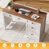 Vabches Farmhouse Executive Desk with 4 Drawers, Home Office Desk with File Drawer, Wood Computer Desk with Storage, Rustic Office Desk for Work Study Writing, Brown White Vabches