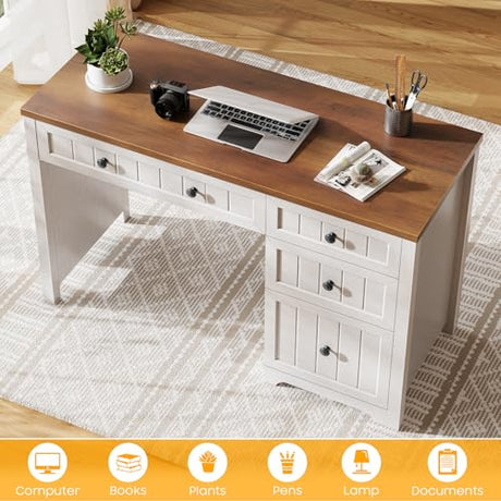 Vabches Farmhouse Executive Desk with 4 Drawers, Home Office Desk with File Drawer, Wood Computer Desk with Storage, Rustic Office Desk for Work Study Writing, Brown White Vabches