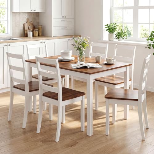 Tangkula Dining Table Set for 6, Solid Wood, Farmhouse Dinette Set w/Rubber Wood Legs, Mid-Century Modern, Compact Dining Table and Chairs Set for Kitchen, Dining Room (Rustic Brown) Tangkula