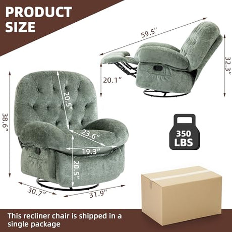 AISALL Recliner Chair for Adults, 360° Swivel Manual Recliner with Side Pocket, Nursery Rocking Chair with Comfortable Chenille Arms and Back for Living Room, Bedroom, Reading (Green) AISALL