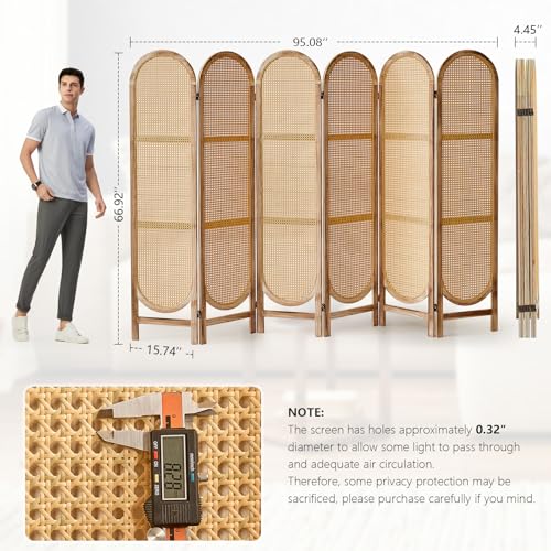 Asnefeli 6 Panels Room Divider, Foldable Wooden Room Divider, Individual Privacy Screen Made of Hand-Woven Rattan, Portable Wall Divider for Home Office Bedroom Bathroom Dressing Room (Natural) Asnefeli