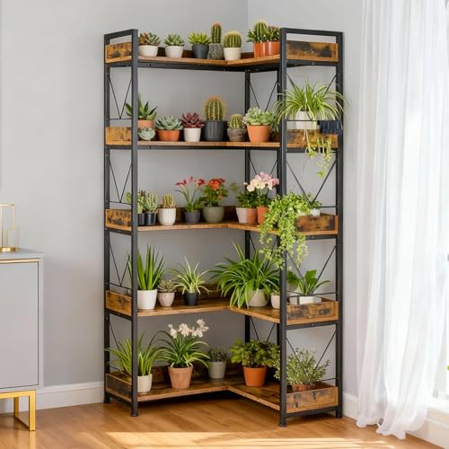 DUMOS 65 inch L Shaped Bookshelf, 5 Tier Corner Bookcase with Hooks and Edge, Industrial Pantry Shelves with Metal Frame, Wooden Open Storage for Living Room, Home Office, Bedroom, Rustic Brown DUMOS