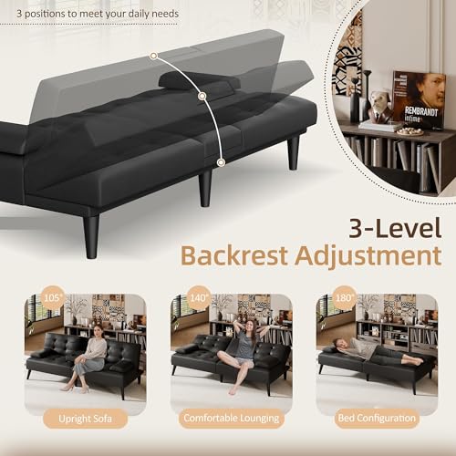 Shintenchi Futon Sofa Bed, Leather Foldable Couch, Reclining Sleeper with Removable Armrests, Upholstered Loveseat Sofa Couch with Folding Cup Holders for Home, Office(Black) Shintenchi