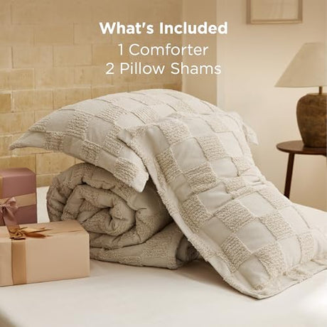 Bedsure Full Size Comforter Set Beige, Boho Tufted Bed Set, Checkered Farmhouse Shabby Chic Bedding, 3 Pieces, 1 Plaid Geometric Comforter and 2 Pillow Shams Bedsure