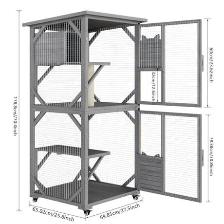 OFIKA Outdoor Catio Cat Enclosure with Waterproof Roof,Platforms,Upgraded Resting Box, 70.4’’cat Houses & Condos on Wheels for Outdoor Patio,Cat Window Box,Scratching Post（Grey0） OFIKA