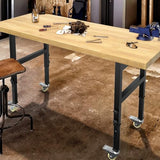 60'' Adjustable Workbench, Solid Wood Work Bench Table with Wheels and Power Outlet, Rolling Workbench Large Load Capacity Garage Workbench for Workshop,Office,Home climblocka