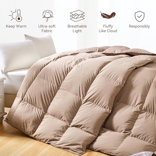SNOWMAN Premium Down Comforter Twin Size, Luxurious All Season Duvet Insert with Cotton Blended Fabric, 3D Baffle Box Design Hotel Bedding Comforter (Khaki,68"x90") SNOWMAN