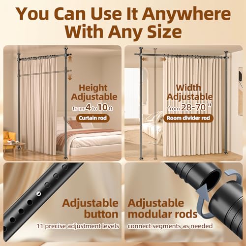 Room Divider No Drilling Curtain Rod Wall Divider for Room Separation, 4-10ft(H) 28-70inch(W) Adjustable,Heavy Duty Floor to Ceiling Portable Hanging Wall Divider for Space Partitions,Black Daurore paw