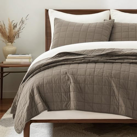 EVERGRACEHOME 100% Cotton Box Stitch Quilt Bedding Set King Size 3 Pieces, Garment-Washed Lightweight Soft Cozy Coverlet, Oversized Quilted Bedspread Sets with 2 Shams for All Season, Mocha Brown EVERGRACEHOME