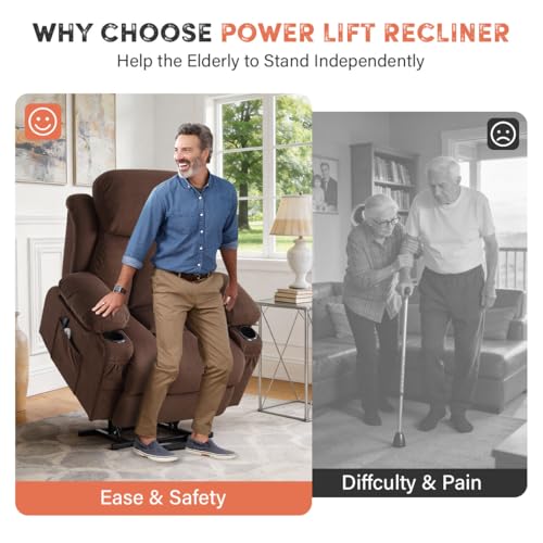 BOSMILLER Power Lift Recliner Chair with Massage and Heat for Elderly, Electric Recliner Single Sofa with Two Cup Holders, Extended Footrest, Side Pocket and USB Charge Port for Living Room