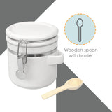 Canister Sets For The Kitchen (4 Piece Set) White, High Gloss Ceramic | By Home Basics | Decorative| With Wooden Spoons, Countertop Set For Flour, Sugar, Coffee, and Snacks Home Basics