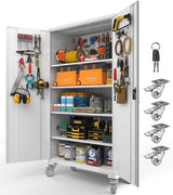 Upgraded Tall & Wide Metal Storage Cabinet with Doors & 4 Adjustable Shelves | Heavy-Duty Black Lockable Garage Cabinet with Wheels & Pegboard for Office, Gym, Basement, Warehouse (White) basenji