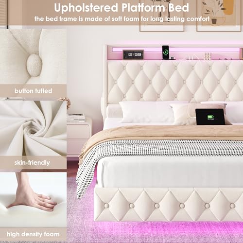 Keyluv Queen Floating Bed Frame with LED Lights & Charging Station, Upholstered Velvet Platform Bed with Button Tufted Storage Headboard, No Box Spring Needed, Noise-Free, Easy Assembly, Beige Keyluv