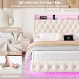 Keyluv Queen Floating Bed Frame with LED Lights & Charging Station, Upholstered Velvet Platform Bed with Button Tufted Storage Headboard, No Box Spring Needed, Noise-Free, Easy Assembly, Beige Keyluv