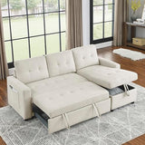 L-Shaped Reversible Sleeper Sectional Sofa Pull Out Couch Bed , Button Tufted Linen Convertible Pullout Sofabed with Storage Chaise Lounge and Detachable Cushion Back for Living Room Apartment Corner Eafurn