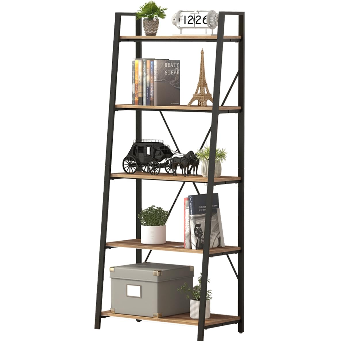 BON AUGURE Industrial 5 Tier Ladder Bookshelf, Wood and Metal Ladder Shelf Bookcase, Farmhouse Leaning Shelves for Living Room (Vintage Oak) BON AUGURE