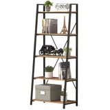BON AUGURE Industrial 5 Tier Ladder Bookshelf, Wood and Metal Ladder Shelf Bookcase, Farmhouse Leaning Shelves for Living Room (Vintage Oak) BON AUGURE