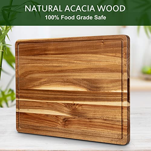 Extra Large Acacia Wood Cutting Board, 24x18 Inch Large Butcher Block Chopping Board with Handle and Juice Groove, Carving Board for Turkey, Meat, Fashionwu
