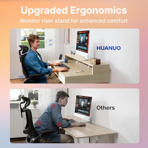 HUANUO 55″ x 26″ Electric Standing Desk with 2 Drawers &24.4″ Large Keyboard Tray, C-Clamp Mount Compatible, Adjustable Computer Desk for Office, Sit Stand Up Desk with 4 Height Presets, Light Walnut HUANUO