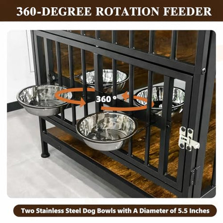 41 Inch Dog Crate Furniture for Large Dogs, Wooden Indoor Dog Cage with Double Doors, Built-in 360° Swivel Bowls, Comfortable Flat Floor, Rustic Style End Table Kennel Zoolati