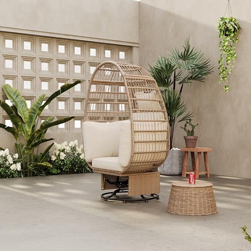 Merax Outdoor Swivel Chair with Cushions, Rattan Egg Patio Chair with Rocking Function for Balcony, Poolside and Garden,Natural+Beige Merax