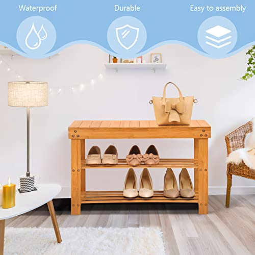JMLHMXC Bamboo Shoe Rack Bench, 27.5'L*11'W*11.6'H Extended Edition 3-Tier Rack for entryway,Wooden Shelf Organizer Holds up to 220 lbs Ideal for Hallway Bathroom Living Room Mudroom JMLHMXC
