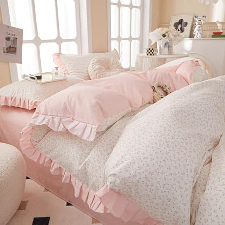 Pink Floral Duvet Cover Queen Chic Flower Print Ruffle Duvet Cover Cotton Lace Comforter Cover Country Style Floral Bedding Set Girls Ruffle Comforter Cover Flower Queen Duvet Cover with 2 Pillowcases LifeTB