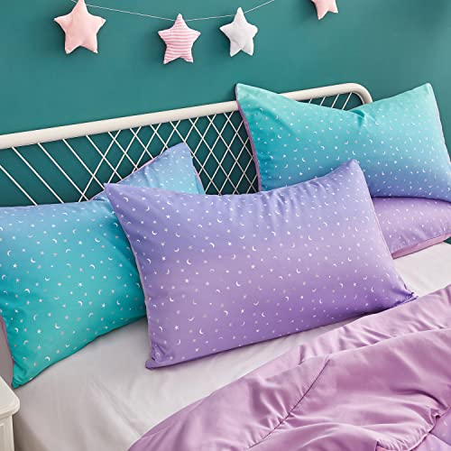 Yogeneg Rainbow Comforter Set Full/Queen Size for Teen Girls&Boys Women,Metallic Star Moon Printed Mermaid Comforter with 2 Pillowcase, Microfiber 3 Piece Bedding Set,All Season (Rainbow B, Queen) Yogeneg