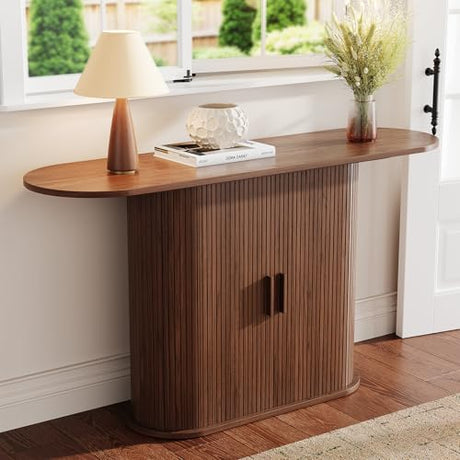 55 Inch Console Table with Storage, Fluted Entryway Tables with Sliding Doors, Sofa Table Behind The Couch, Hallway Tables, Mid-Century Modern Foyer Table for Entryway, Hallway, Living Room, Walnut ONBRILL