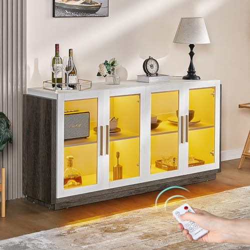 LUXOAK Sideboard Buffet Cabinet with Storage,64" Kitchen Sideboard with LED Light,Modern Wood Glass-Buffet Cabinet for Dinning Room,Kitchen,Hallway,and Living Room,White&Grey LUXOAK