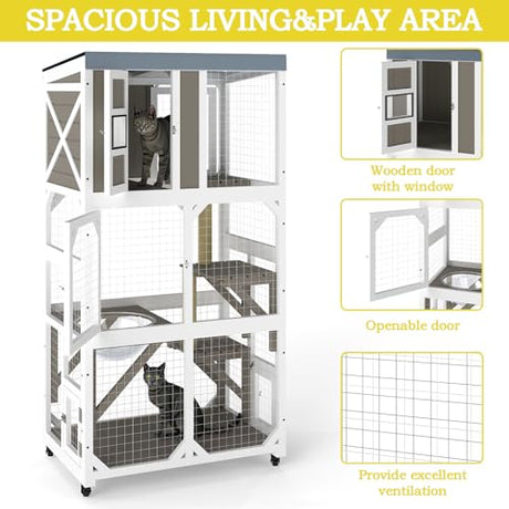 Mayugardening Catio Outdoor Cat Enclosure,Outdoor Cats House with 5 Platforms & Space Capsule,Wooden Cat Catio Cats Enclosure with Weatherproof Oxford Cloth Roof & 4 Wheels,Grey mayugardening