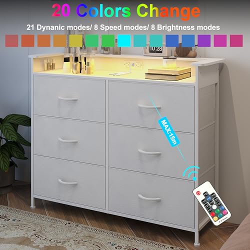 Welfuturer White Dresser for Bedroom with Charing Station and LED Light 6 Drawer Dresser with PU Finish Fabric Chest of Drawers for Closet Living Room Hallway Sturdy Steel Frame Double Wooden Tabletop