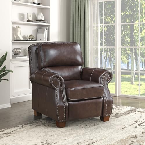 Lexicon Push Back Reclining Chair, Top Grain Leather Match Push Back Recliner Chair with Nailhead Trim, Rolled Arms, Solid Wood Legs, for Living Room/Apartment/Office, Easy Assembly, Brown