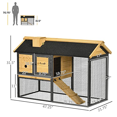 PawHut 47" Wooden Rabbit Hutch Outdoor with Run, Metal Frame, 2-Story Bunny Rabbit Cage with Removable Tray, Ramp, Bunny Hutch with Space-Saving Design