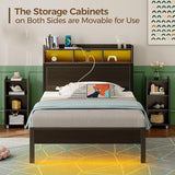 Rolanstar Twin Bed Frame with Bookcase Storage Headboard, Slide Out Bedside Storage, Bed with Charging Station & LED Lights, Heavy Duty Metal Slats, No Box Spring Needed, Noise Free, Black Rolanstar