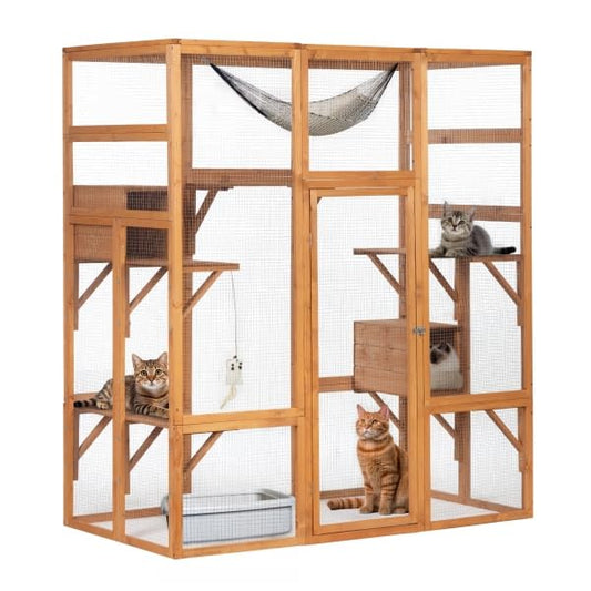 OELUBBY Large Cat Enclosure Wooden Cage Catio Pet Outdoor Playhouse Run House with Hiding Boxes and Solar Top, Pet Kennel Playpen with Jumping Activity Platforms 63'' x 33'' x 70'', Orange - WoodArtSupply