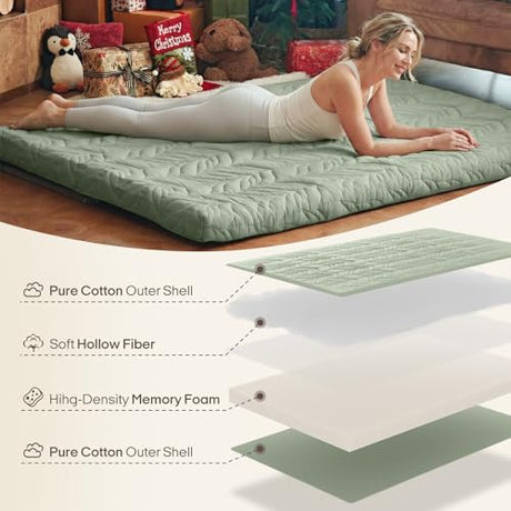 ZonLi Japanese Floor Mattress Futon Mattress King Size, 4" Thicken Roll Up Tatami Mat 100% Cotton Washable Cover, Portable & Foldable Floor Bed Mattress for Sleeping, Dormitory, Adult Kids, Green ZonLi