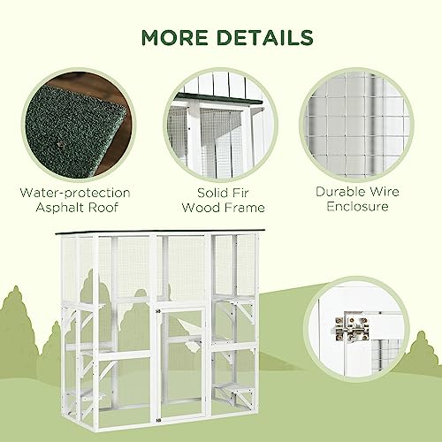 PawHut Outdoor Cat House Big Catio Wooden Feral Cat Shelter Enclosure with Large Spacious Interior, 6 High Ledges, Weather Protection Asphalt Roof, 71" L, White PawHut