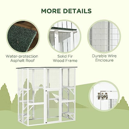 PawHut Outdoor Cat House Big Catio Wooden Feral Cat Shelter Enclosure with Large Spacious Interior, 6 High Ledges, Weather Protection Asphalt Roof, 71" L, White