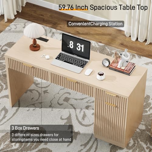 Vabches 60" Executive Desk with Fluted Drawers, Wood Home Office Desk with Storage Cabinet, Charging Station, Fluted Computer Writing Desk for Study, Living Room, Natural Oak. Vabches