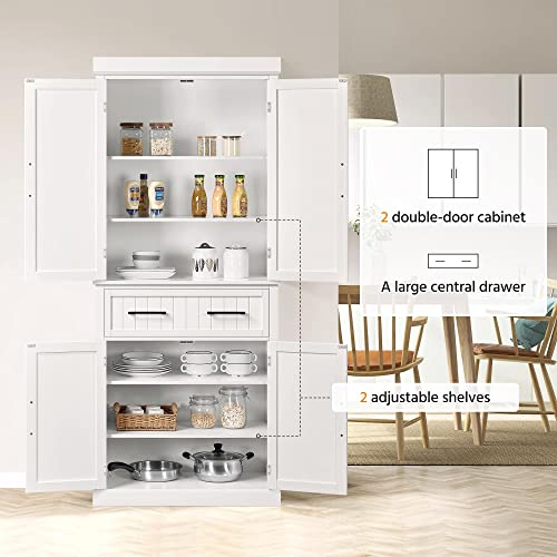 Topeakmart 72.5" Kitchen Pantry with Large Drawer, Wooden Pantry Cabinet Cupboard with Doors and Adjustable Shelves, Storage Cabinet Organizer for Kitchen, Dining Room, Living Room, White Topeakmart