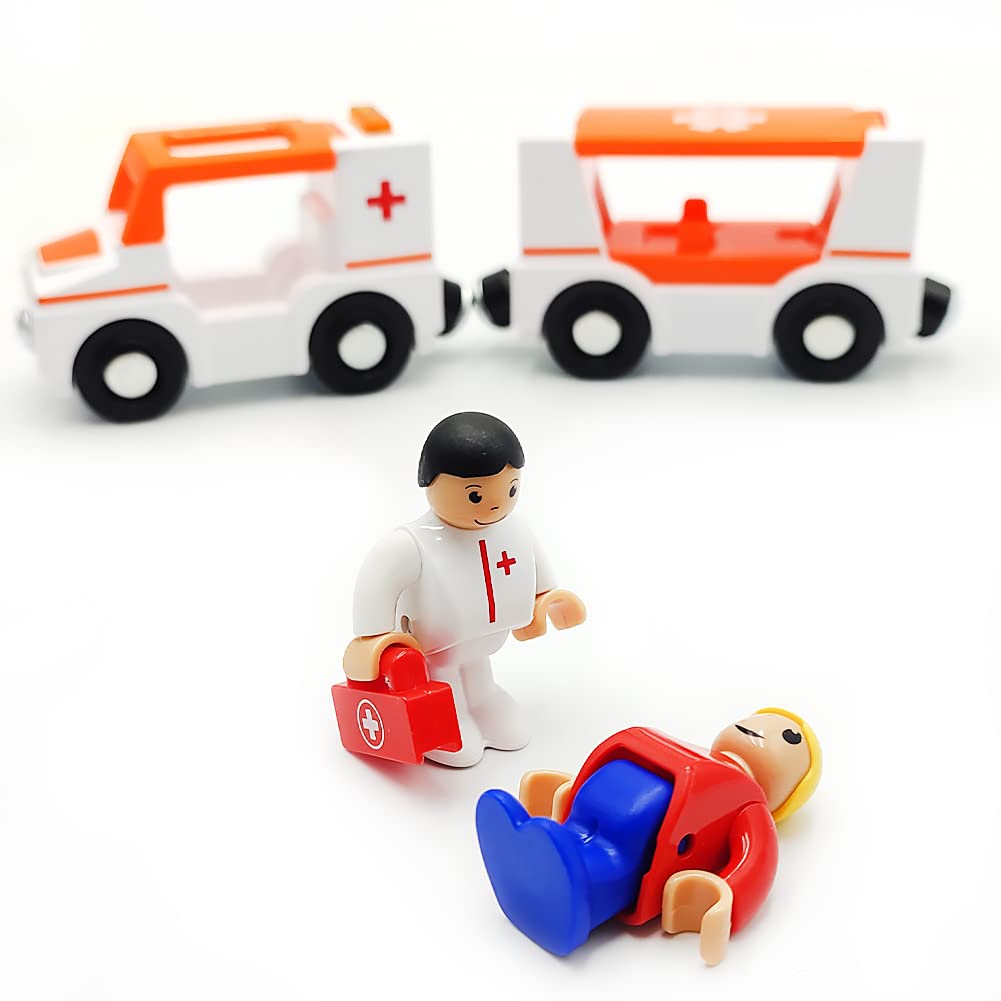 Magnetic Trains Cars Playset Wooden Train Track Accessories Station Wagon Train Set for Toddlers 3-5 Wooden Train Sets for Boys Girls Ages 3-4-7 (Ambulance B (with Light and Sound)) DSHMIXIA