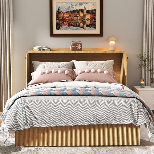Jotirxe Full Size Murphy Bed: Murphy Cabinet with Charging Station & Large Drawers, Fluted Cabinet Bed with Foldable Panel for Guest Room, Living Room and Office, Oak Jotirxe